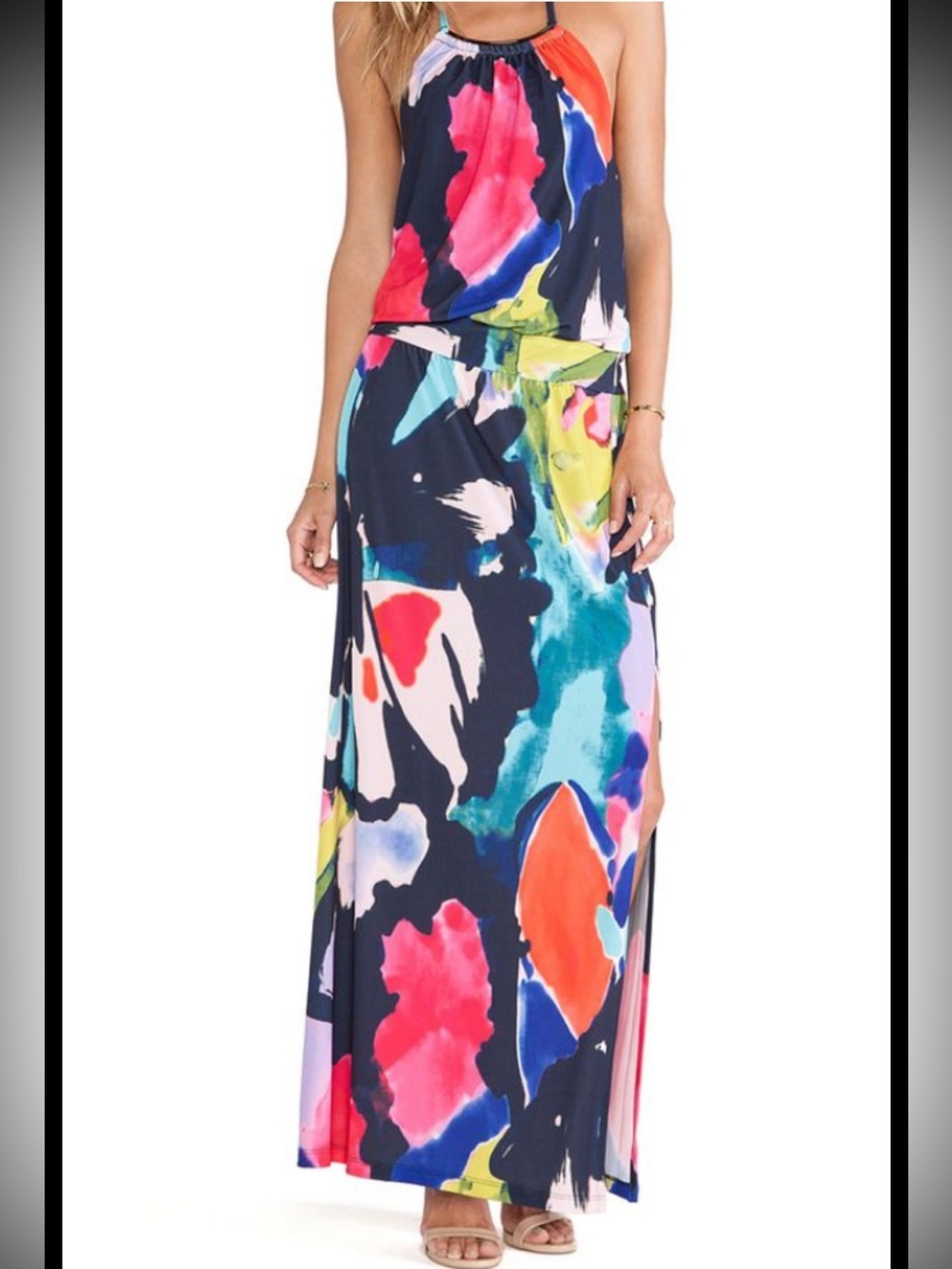 Trina Turk Shirley Halter Maxi Navy and Pink, Metal neckline Silky Jersey size 6